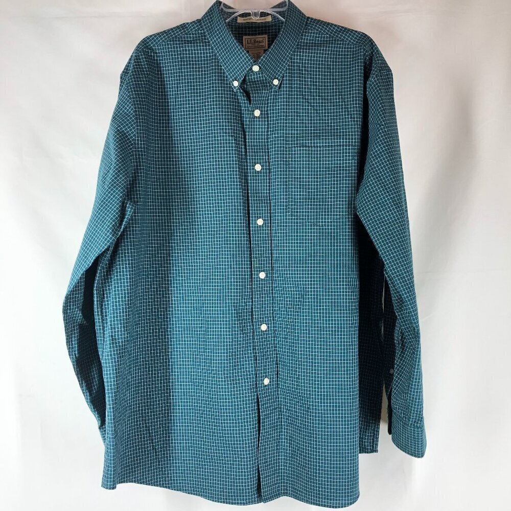 L.L. Bean Green And White Plaid Windowpane Button Up L/S Shirt Size XL